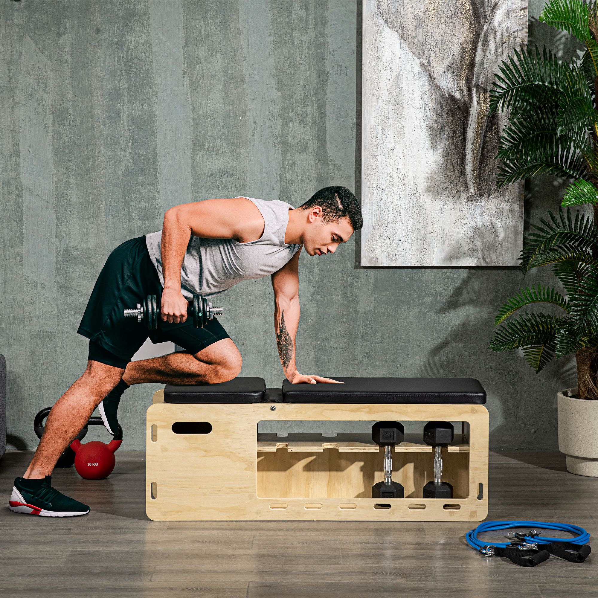 Banc de Musculation en Bois — Support Haltères & Bandes, Inclinable