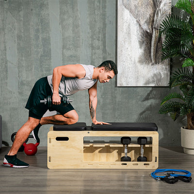 Banc de Musculation en Bois — Support Haltères & Bandes, Inclinable