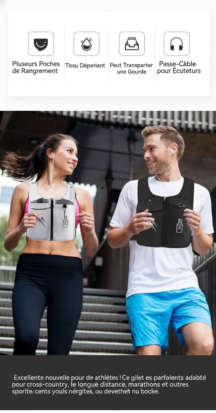 Gilet de Running Hydratation — Poche Téléphone & Gourde 500ml Incluse