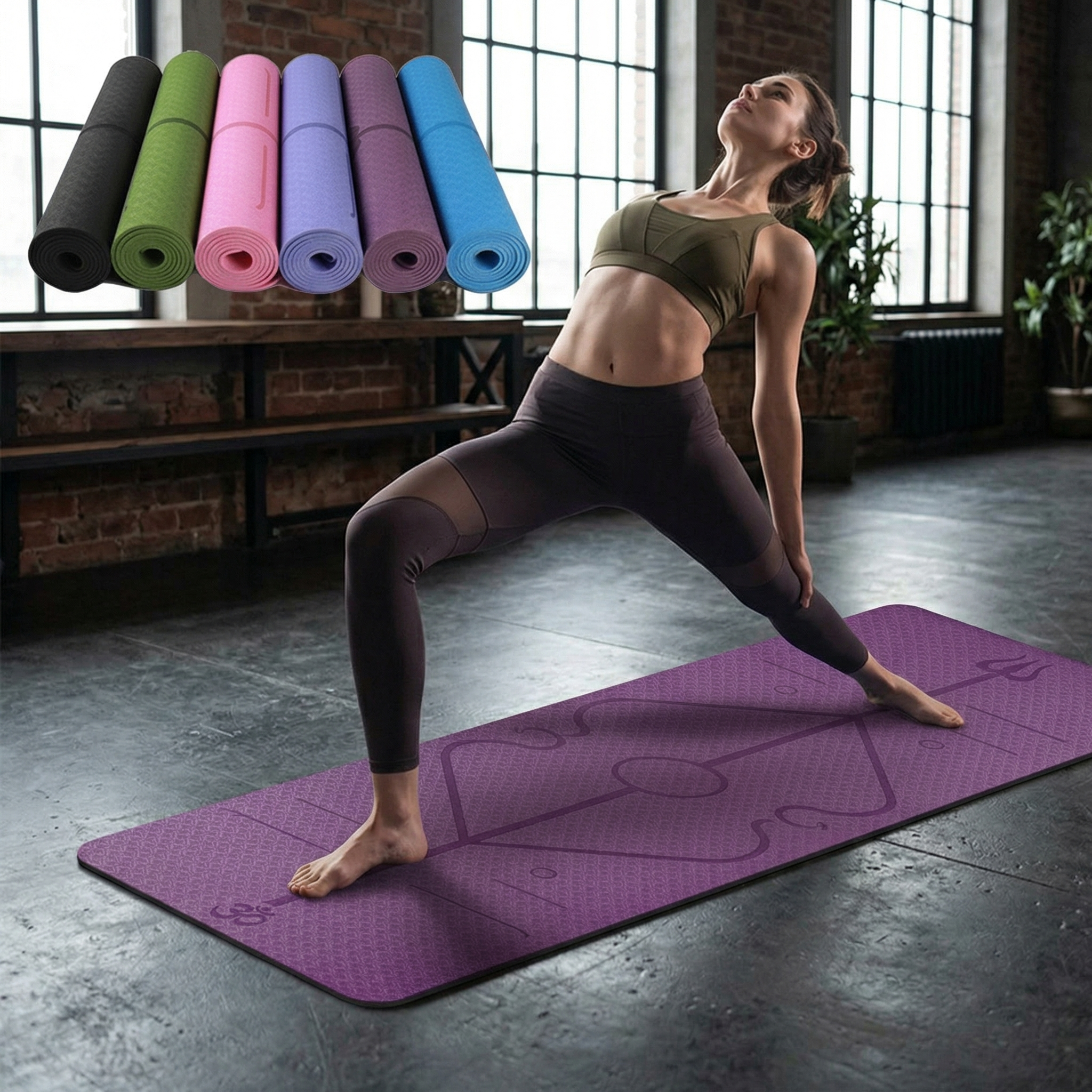 Tapis de Yoga Antidérapant TPE — Lignes de Positionnement