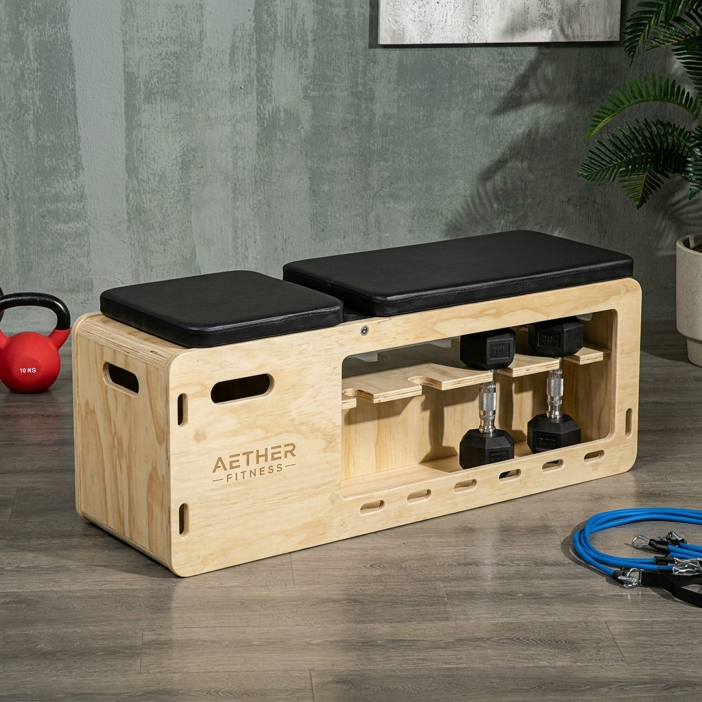 Banc de Musculation en Bois — Support Haltères & Bandes, Inclinable