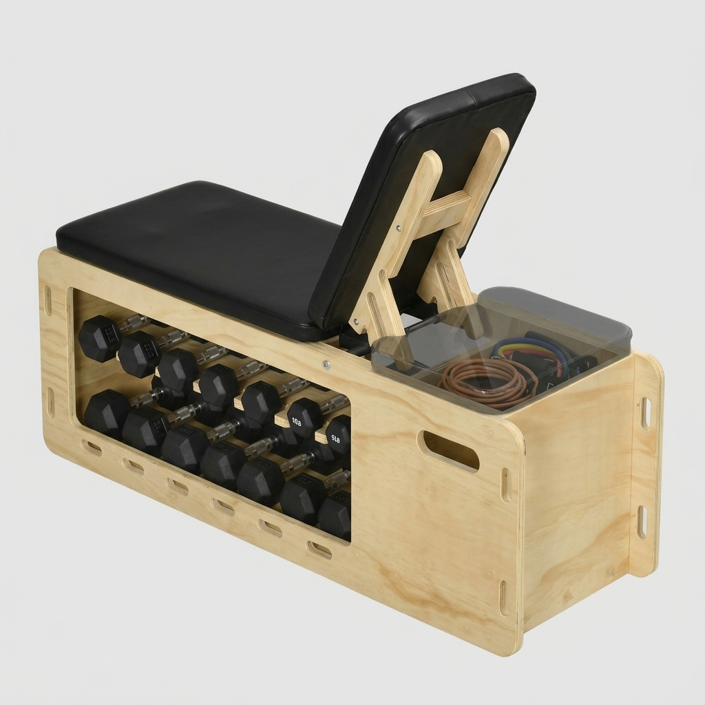 Banc de Musculation en Bois — Support Haltères & Bandes, Inclinable
