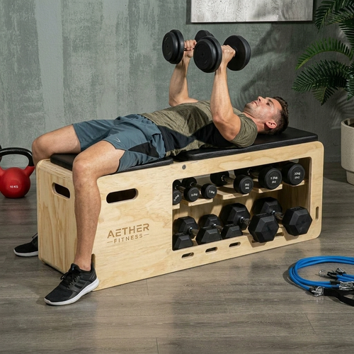 Banc de Musculation en Bois — Support Haltères & Bandes, Inclinable